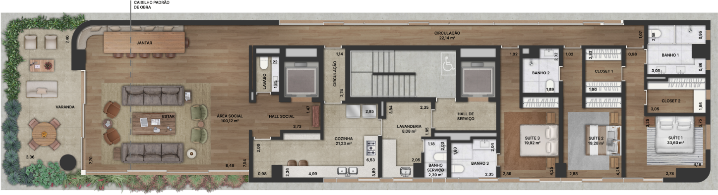 Residência Tipo 278 m² - Opção 3 Suítes - Living Estendido